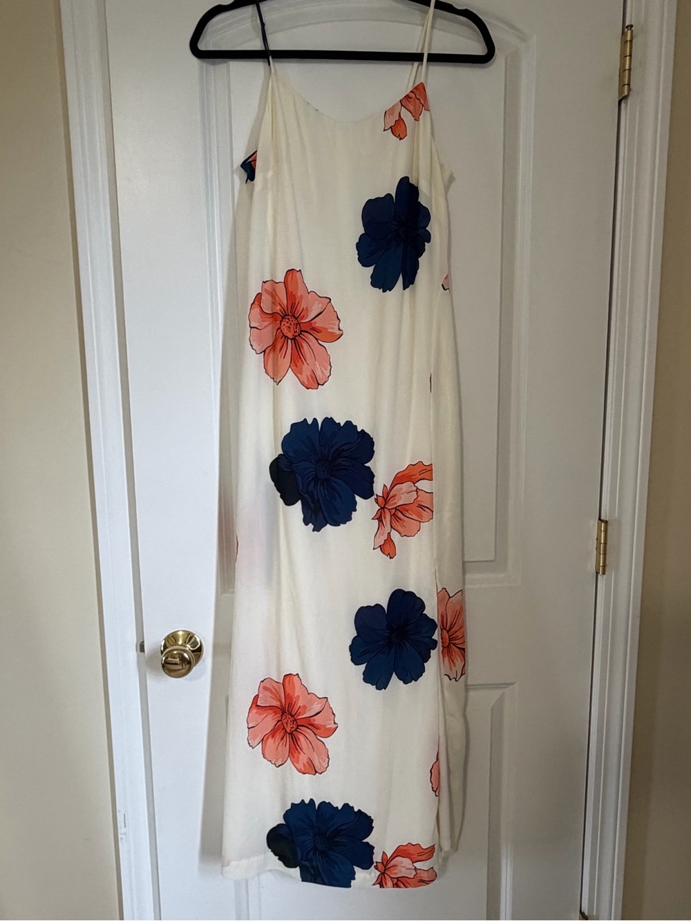 Vintage Nicole Miller Women's Cream Maxi Dress with Blue and Coral Floral Print